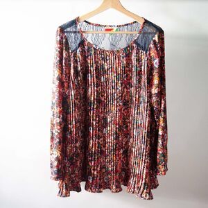 Fervour ModCloth Womens Blouse 4X Plus Lace Multi Color Pleated Floral Casual